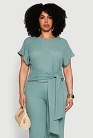 Womens Plus Size Textured Knit Tie Waist Top, Green, Size 2X