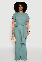 Womens Plus Size Textured Knit Tie Waist Top, Green, Size 2X