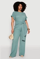 Womens Plus Size Textured Knit Tie Waist Top, Green, Size 2X