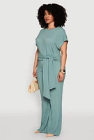 Womens Plus Size Textured Knit Tie Waist Top, Green, Size 2X