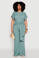 Womens Plus Size Textured Knit High Waist Pants, Green, Size 1X