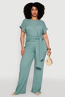Womens Plus Size Textured Knit High Waist Pants, Green, Size 1X