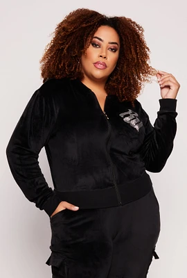 Womens Plus Size Rocawear Rhinestone Velour Zip Front Hoodie, Black, Size 2X