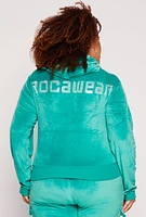 Womens Plus Size Rocawear Rhinestone Velour Zip Front Hoodie, Green, Size 2X