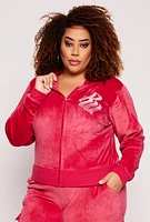 Womens Plus Size Rocawear Rhinestone Velour Zip Front Hoodie, Red, Size 2X