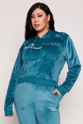 Womens Plus Size Rocawear Rhinestone Velour Hoodie, Blue, Size 1X