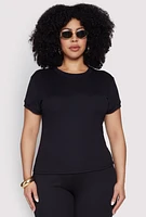 Womens Plus Size Basic Ribbed Knit Crew Neck Top, Black, Size 1X