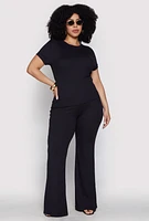 Womens Plus Size Basic Ribbed Knit Crew Neck Top, Black, Size 1X