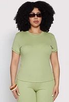 Womens Plus Size Basic Ribbed Knit Crew Neck Top, Green, Size 1X