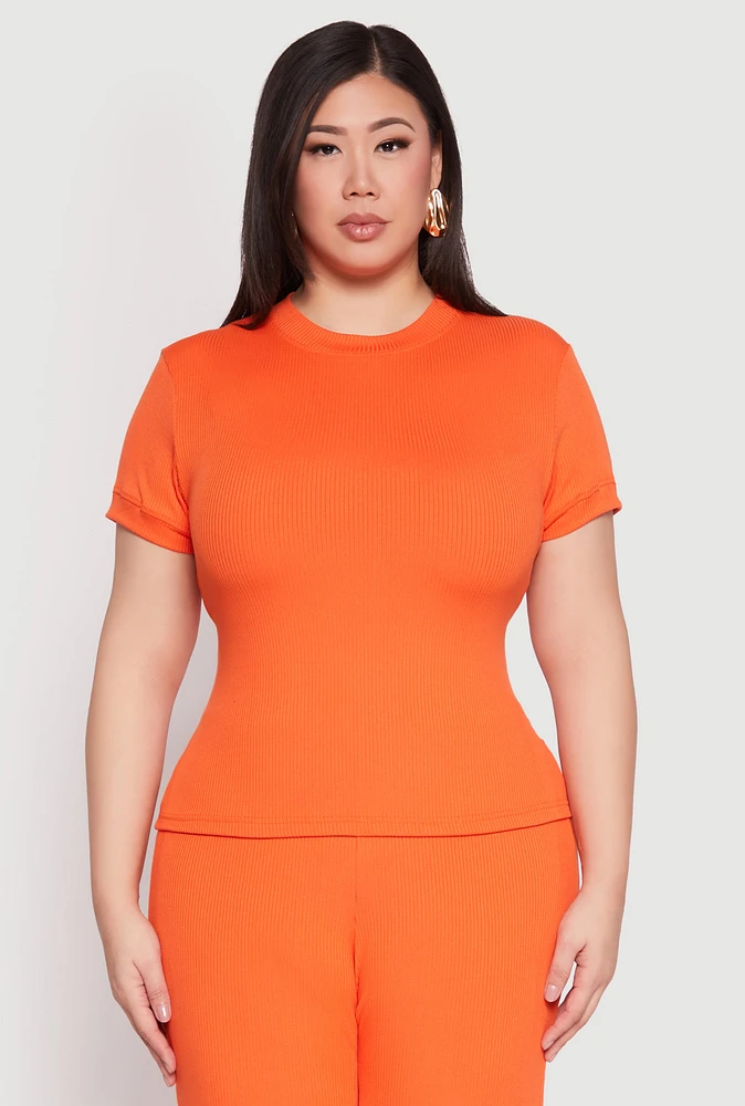 Womens Plus Size Basic Ribbed Knit Crew Neck Top, Orange, Size 1X