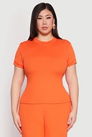 Womens Plus Size Basic Ribbed Knit Crew Neck Top, Orange, Size 1X