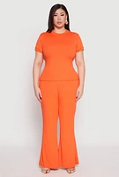 Womens Plus Size Basic Ribbed Knit Crew Neck Top, Orange, Size 1X