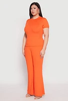 Womens Plus Size Basic Ribbed Knit Crew Neck Top, Orange, Size 1X