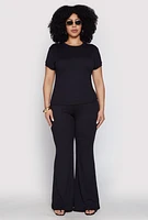 Womens Plus Ribbed Knit High Waist Flared Pants,