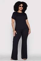 Womens Plus Ribbed Knit High Waist Flared Pants,