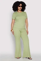 Womens Plus Size Ribbed Knit High Waist Flared Pants, Green, Size 2X