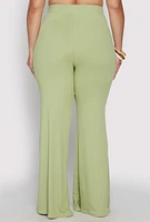 Womens Plus Size Ribbed Knit High Waist Flared Pants, Green, Size 2X