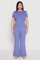 Womens Plus Size Ribbed Knit High Waist Flared Pants, Blue, Size 1X