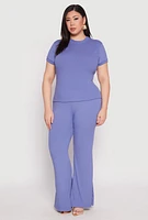 Womens Plus Size Ribbed Knit High Waist Flared Pants, Blue, Size 1X