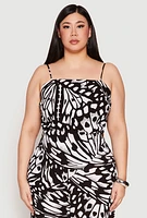 Womens Plus Size Abstract Butterfly Print Hanky Hem Top, Black, Size 1X