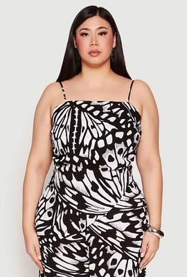 Womens Plus Abstract Butterfly Print Hanky Hem Top, Multi,
