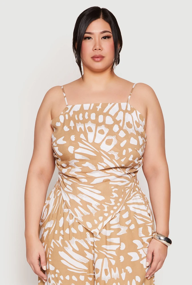 Womens Plus Size Abstract Butterfly Print Hanky Hem Top, Beige, Size 3X