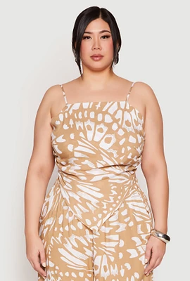 Womens Plus Size Abstract Butterfly Print Hanky Hem Top, Beige, Size 3X