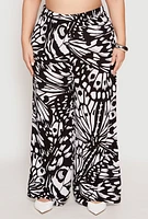 Womens Plus Size Abstract Butterfly Print Palazzo Pants, Black, Size 2X