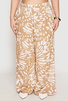 Womens Plus Size Abstract Butterfly Print Palazzo Pants, Khaki, Size 3X