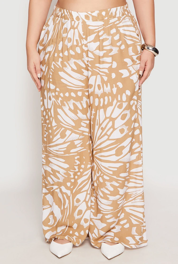Womens Plus Size Abstract Butterfly Print Palazzo Pants, Khaki, Size 1X