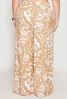 Womens Plus Size Abstract Butterfly Print Palazzo Pants, Khaki, Size 3X