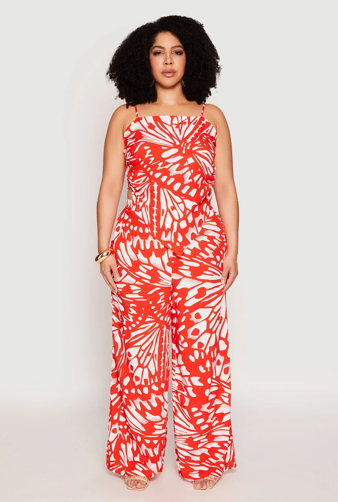 Womens Plus Size Abstract Butterfly Print Palazzo Pants, Orange, Size 2X