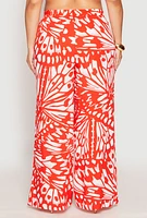 Womens Plus Size Abstract Butterfly Print Palazzo Pants, Orange, Size 1X