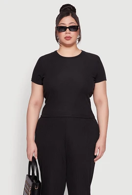 Womens Plus Size Ribbed Knit T Shirt, Black, Size 2X