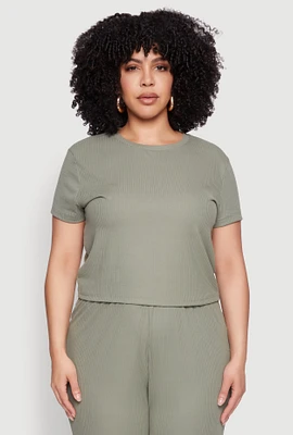 Womens Plus Size Ribbed Knit T Shirt, Green, Size 2X