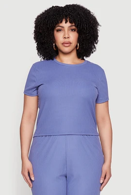 Womens Plus Size Ribbed Knit T Shirt, Blue, Size 3X
