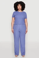 Womens Plus Size Ribbed Knit T Shirt, Blue, Size 3X