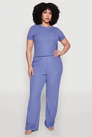 Womens Plus Size Ribbed Knit T Shirt, Blue, Size 3X