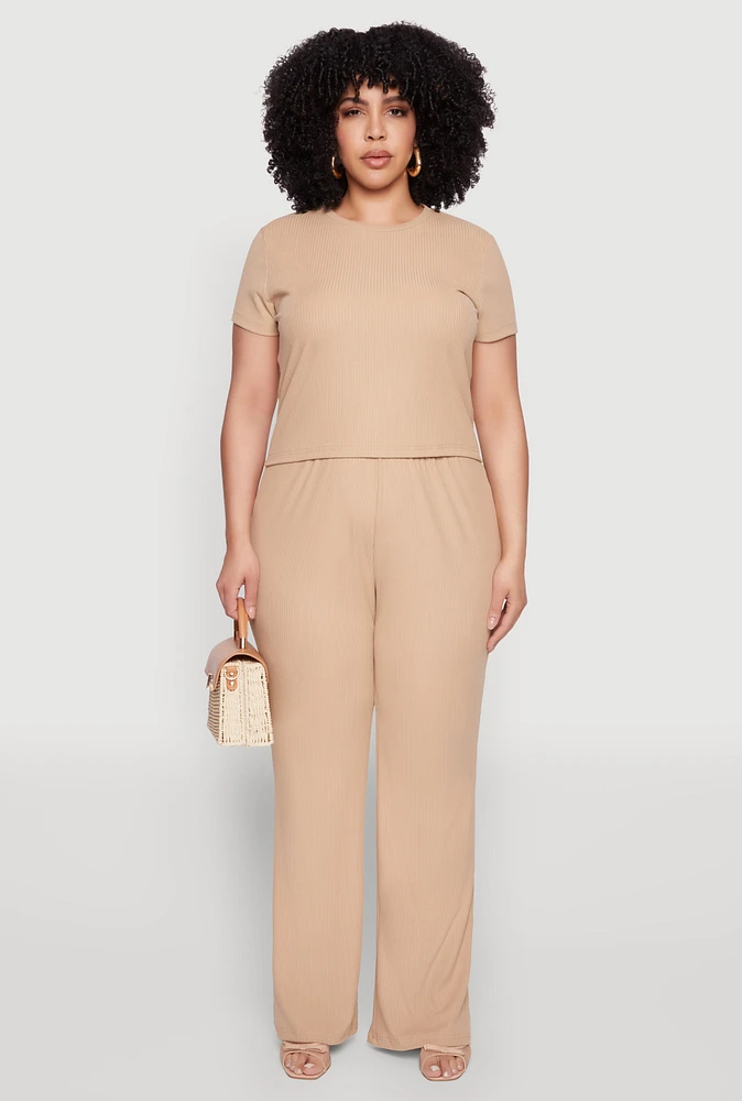 Womens Plus Size Rib Knit Wide Leg Pants, Khaki, Size 1X