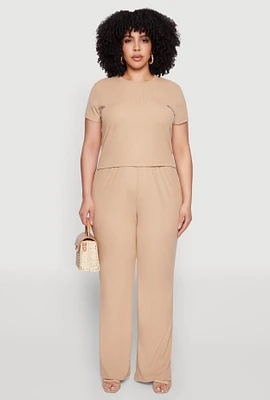 Womens Plus Size Rib Knit Wide Leg Pants, Khaki, Size 1X