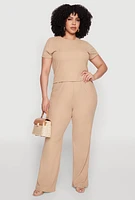 Womens Plus Size Rib Knit Wide Leg Pants, Khaki, Size 1X