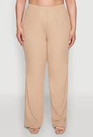Womens Plus Size Rib Knit Wide Leg Pants, Khaki, Size 1X