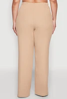 Womens Plus Size Rib Knit Wide Leg Pants, Khaki, Size 1X