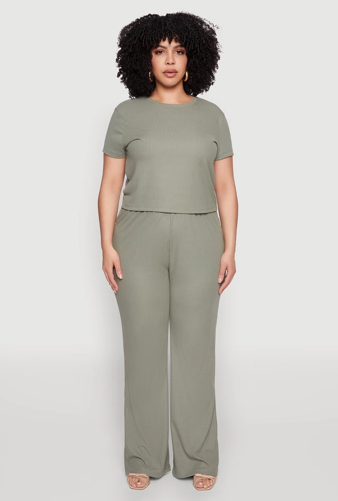 Womens Plus Rib Knit Wide Leg Pants, 1X