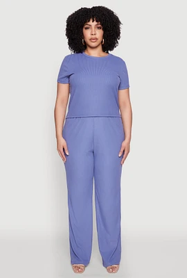Womens Plus Size Rib Knit Wide Leg Pants, Blue, Size 3X