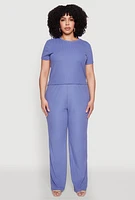 Womens Plus Size Rib Knit Wide Leg Pants, Blue, Size 3X