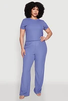 Womens Plus Size Rib Knit Wide Leg Pants, Blue, Size 3X