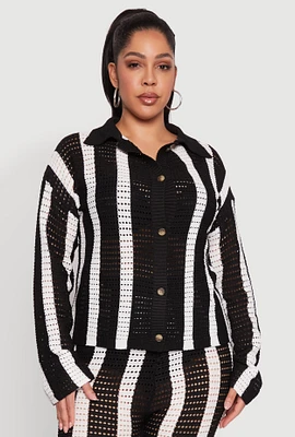 Womens Plus Size Daisy Striped Crochet Shirt, Black, Size 2X