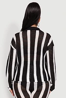 Womens Plus Size Daisy Striped Crochet Shirt, Black, Size 2X