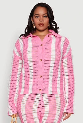 Womens Plus Daisy Striped Crochet Shirt, Pink,